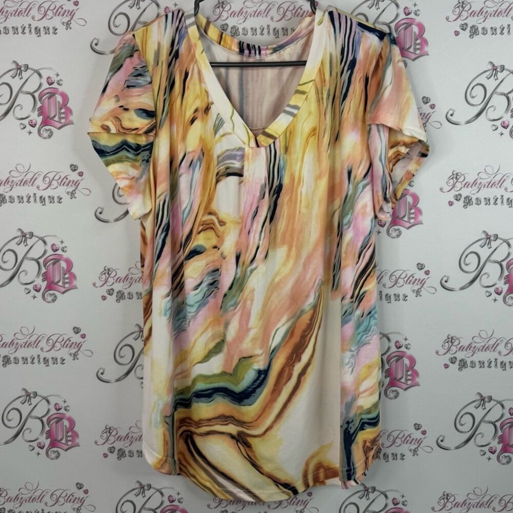 Tshirt swirl marble water color Multicolor V-Neck Women Top comfy